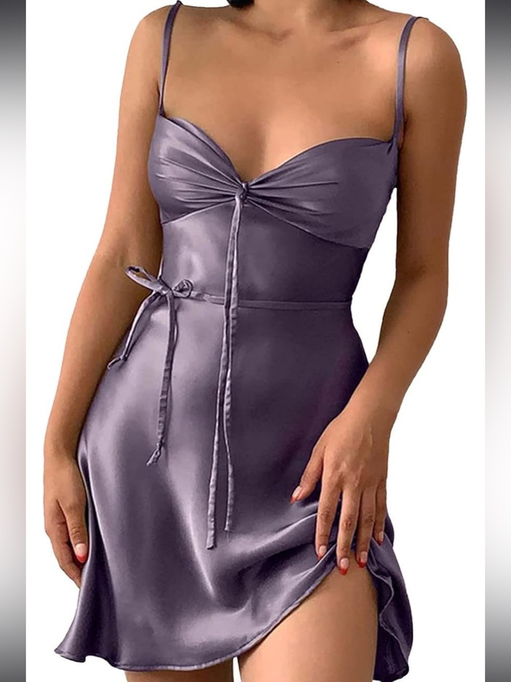 Satin purple Slip Dress with Front Tie - Black XS